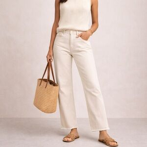 High Rise Loose Straight Jeans Ecru Cream Raw Hem Minimalist 6